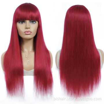 Wholesale Burgundy Red Human Hair Wigs With Bangs Brazilian Straight Non Lace Hair Wigs For Black Women Full Machine Made Wig